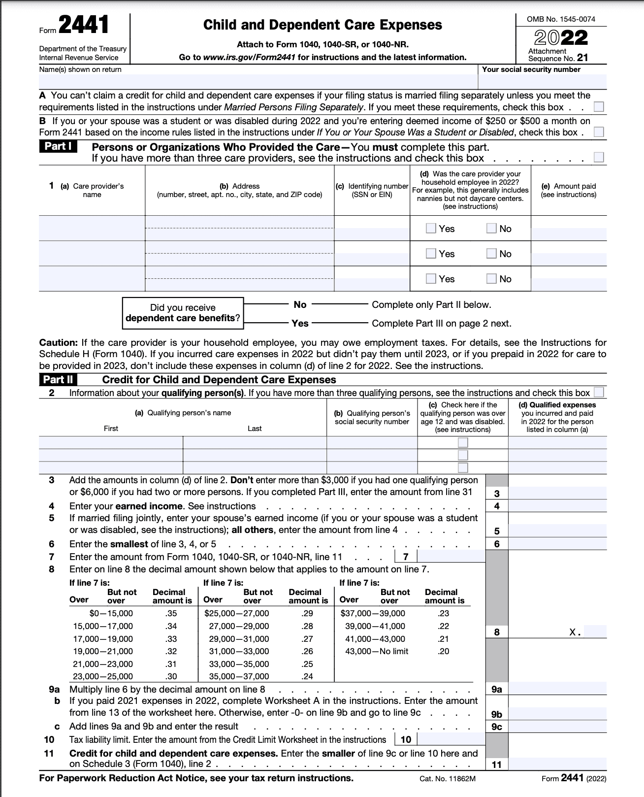 Image of Form 2441 for Child and Care Expenses. Instructions for claiming credit for dependent care expenses on tax return. No mention of self-employed, 1099, freelancer, or taxes.
