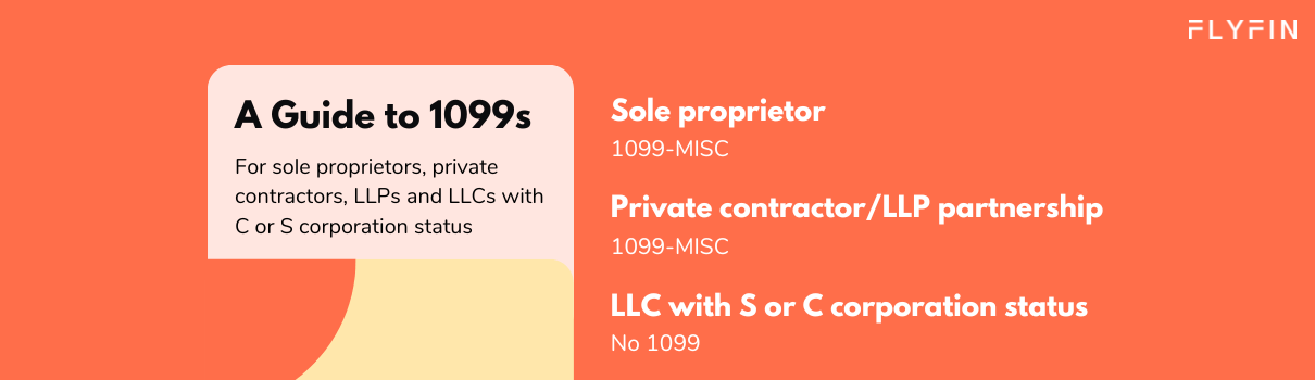 Alt text: A guide to 1099s for self-employed individuals, freelancers, and businesses with various statuses such as sole proprietor, partnership, LLC, and corporation. Covers taxes and 1099-MISC forms.