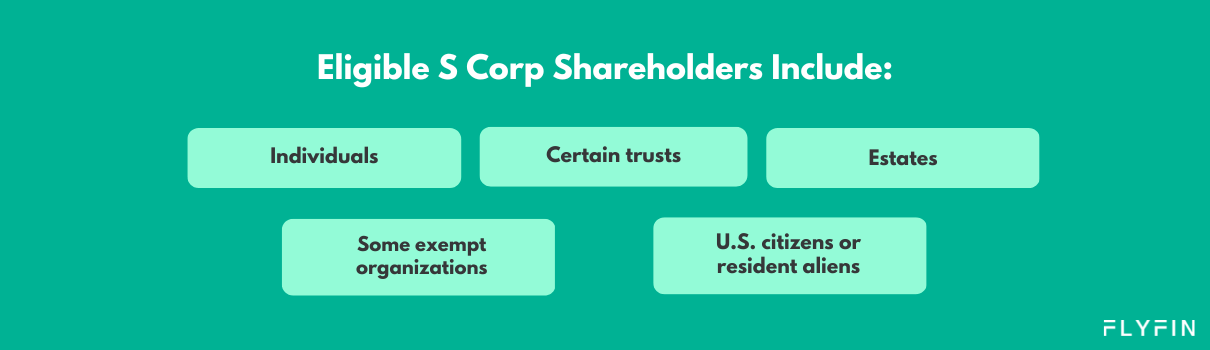 Image listing eligible S Corpshareholders including individuals, exempt organizations, trusts, estates, US citizens or resident aliens. No mention of self-employed, 1099, freelancer or taxes.