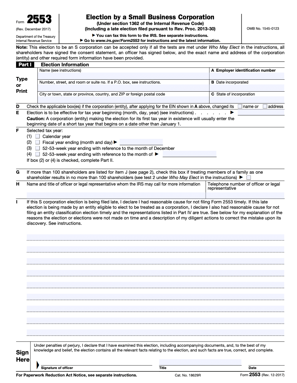 Form 2553 for Election by a Small Business Corporation under the Internal Revenue Code. File for S corporation status. Fax or visit IRS website for instructions. Taxes.